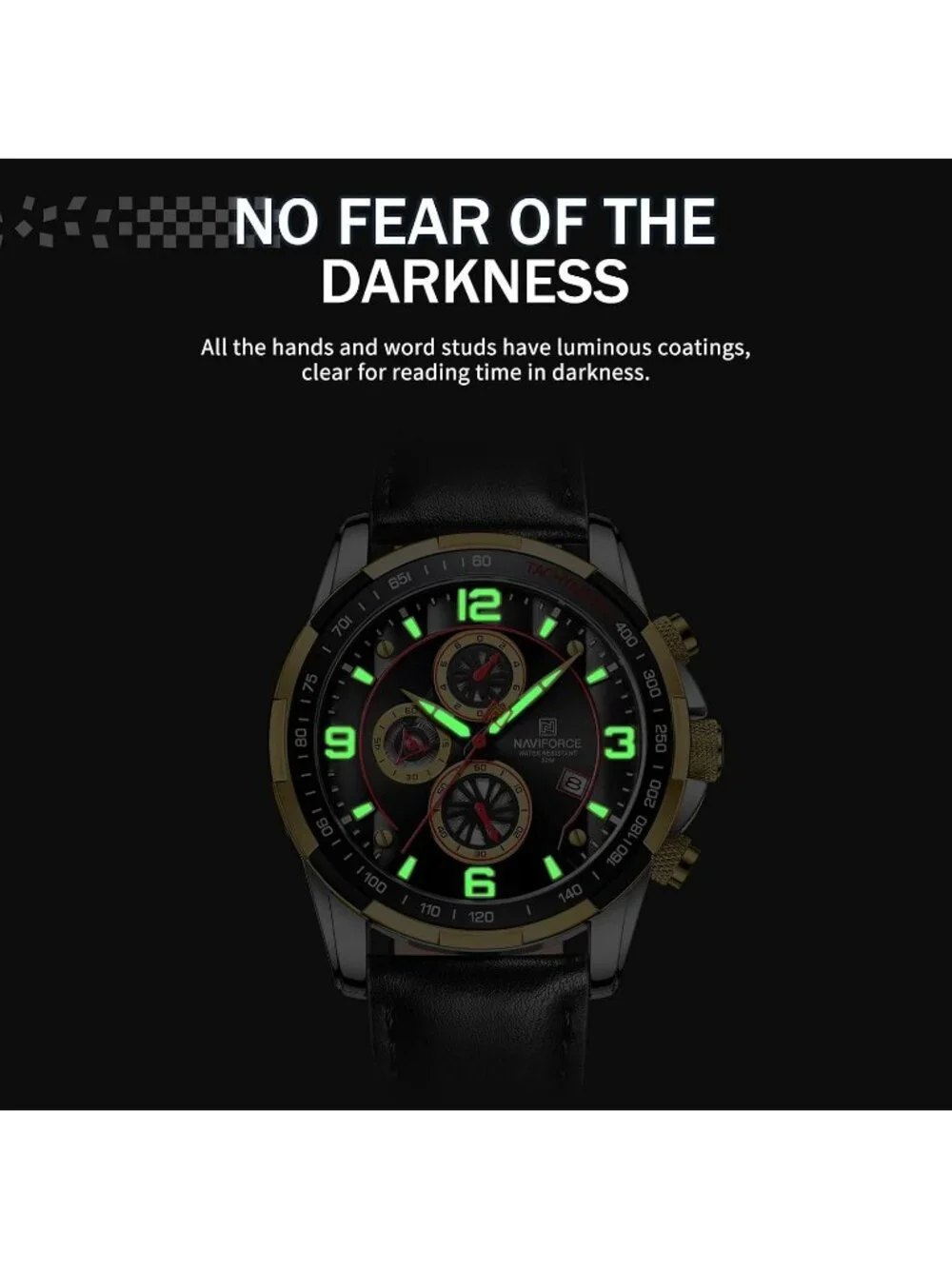 Men's Gold Black Analog Quartz Chronograph Leather Strap Fashion Wrist Watch